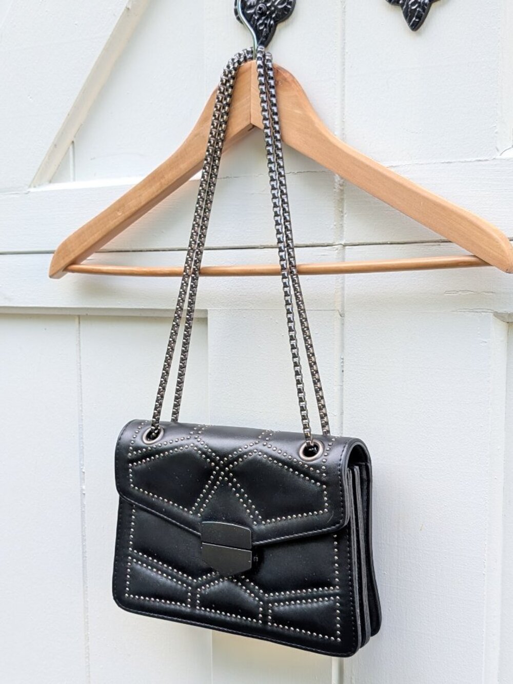 Black Geometric Studded Quilted Gunmetal Convertible Chain Crossbody Bag